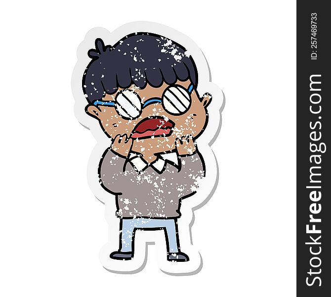 Distressed Sticker Of A Cartoon Shocked Boy Wearing Spectacles