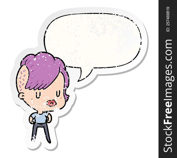 cartoon girl and punk hipster haircut and speech bubble distressed sticker