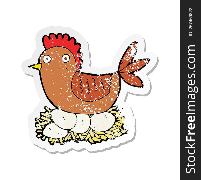 retro distressed sticker of a cartoon hen on eggs