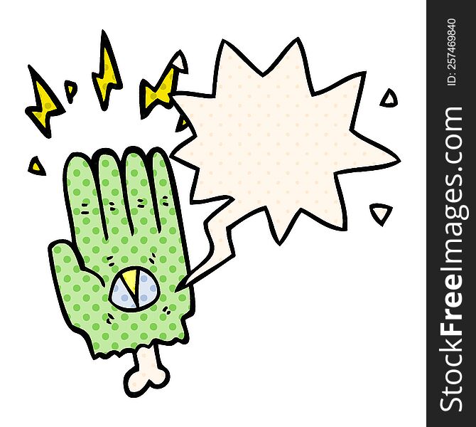 spooky halloween zombie hand with speech bubble in comic book style