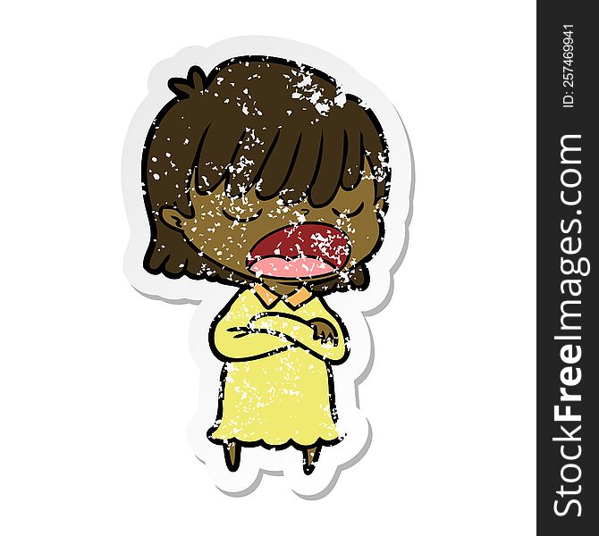 Distressed Sticker Of A Cartoon Woman Talking Loudly