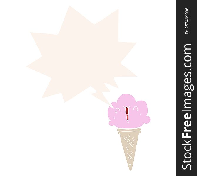 Cartoon Ice Cream And Face And Speech Bubble In Retro Style