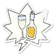Cartoon Champagne Bottle And Glass And Speech Bubble Distressed Sticker Royalty Free Stock Photos Cartoon Champagne Bottle And Glass And Speech Bubble Distressed Sticker Royalty Free Stock Photos