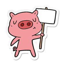 Sticker Of A Cartoon Content Pig Signpost;sign Stock Photos