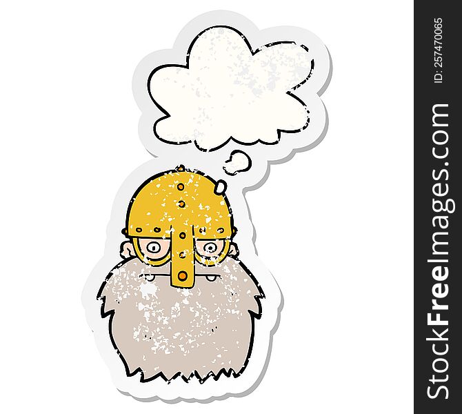 Cartoon Viking Face And Thought Bubble As A Distressed Worn Sticker