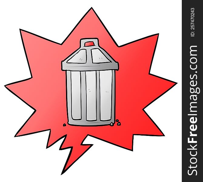 cartoon old metal garbage can with speech bubble in smooth gradient style