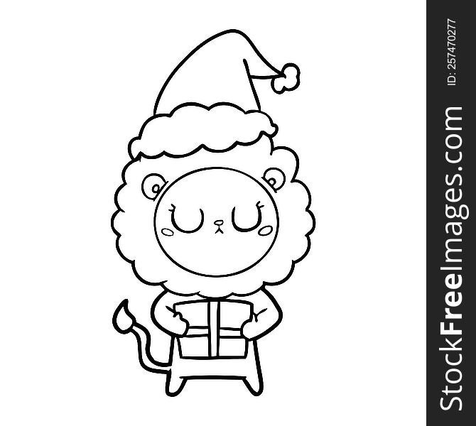 hand drawn line drawing of a lion with christmas present wearing santa hat