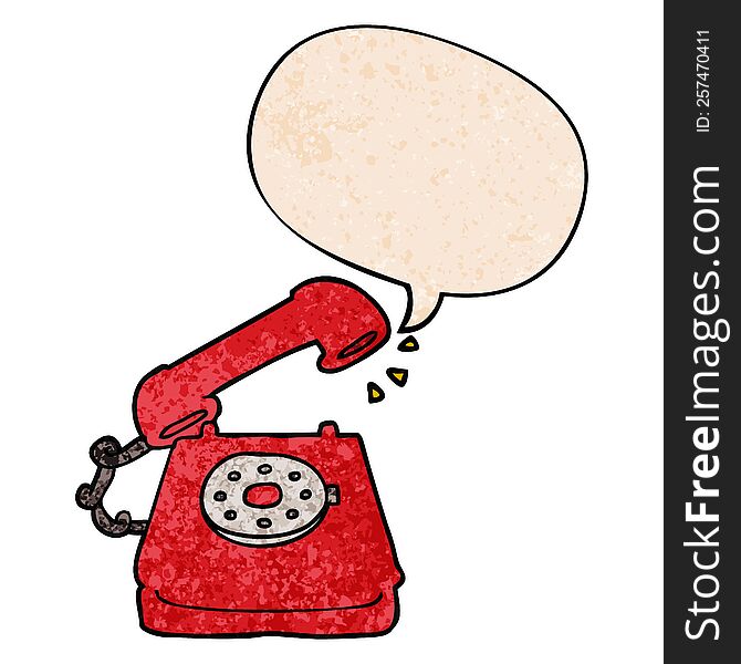 cartoon old telephone and speech bubble in retro texture style