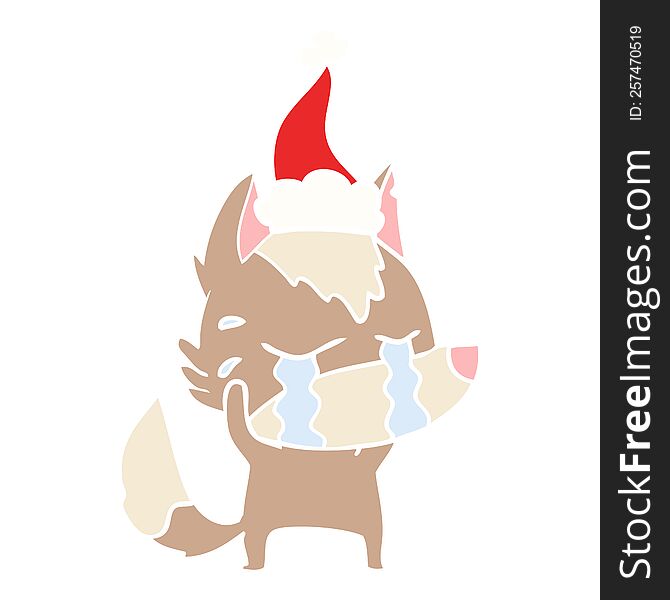 hand drawn flat color illustration of a crying wolf wearing santa hat