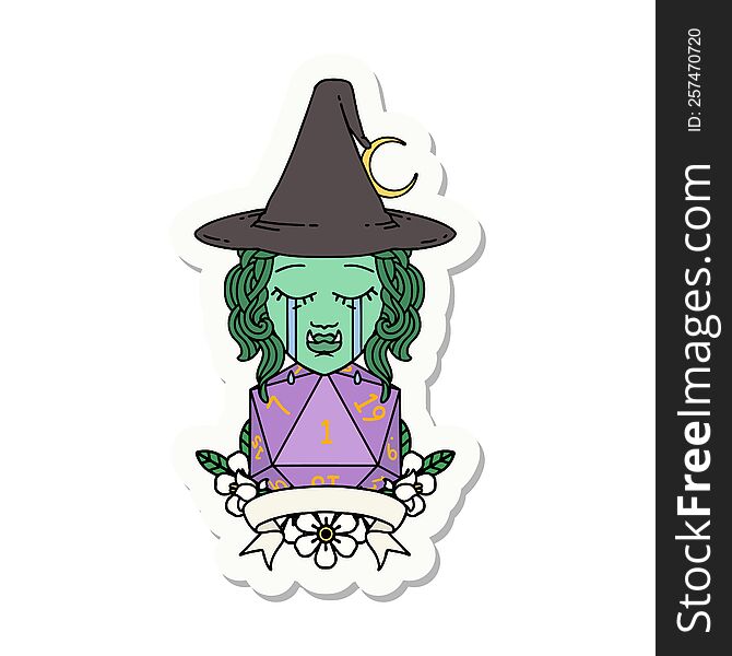 sticker of a crying half orc witch character with natural one roll. sticker of a crying half orc witch character with natural one roll
