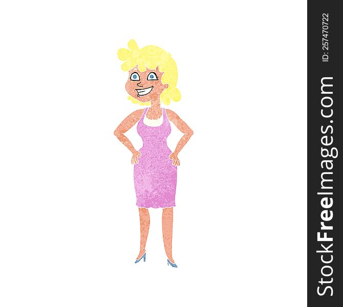 Retro Cartoon Happy Woman Wearing Dress