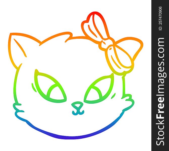 rainbow gradient line drawing of a cute cartoon cat with bow