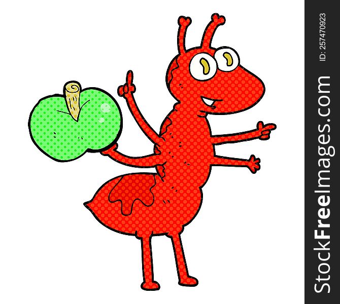 freehand drawn cartoon ant with apple