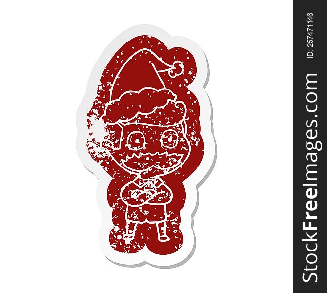 cartoon distressed sticker of a man with mustache shocked wearing santa hat