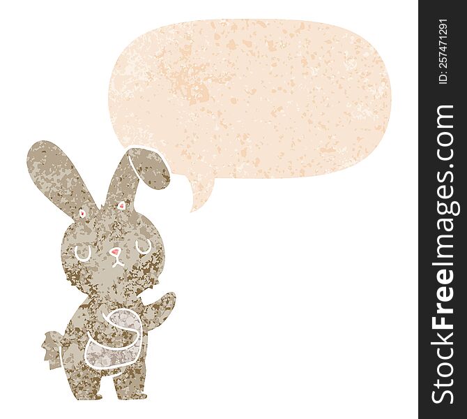 Cute Cartoon Rabbit And Speech Bubble In Retro Textured Style