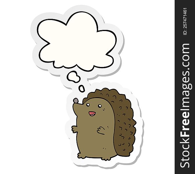 cartoon happy hedgehog with thought bubble as a printed sticker