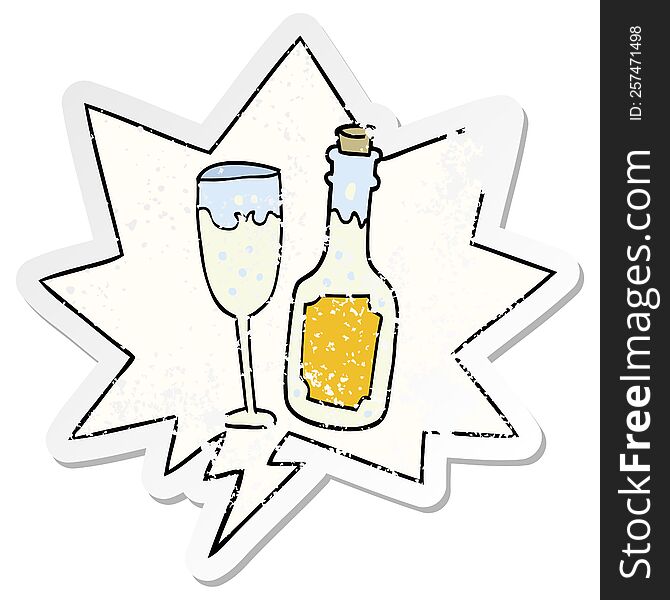 cartoon champagne bottle and glass and speech bubble distressed sticker