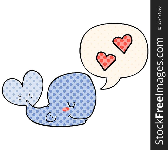 cartoon whale in love with speech bubble in comic book style