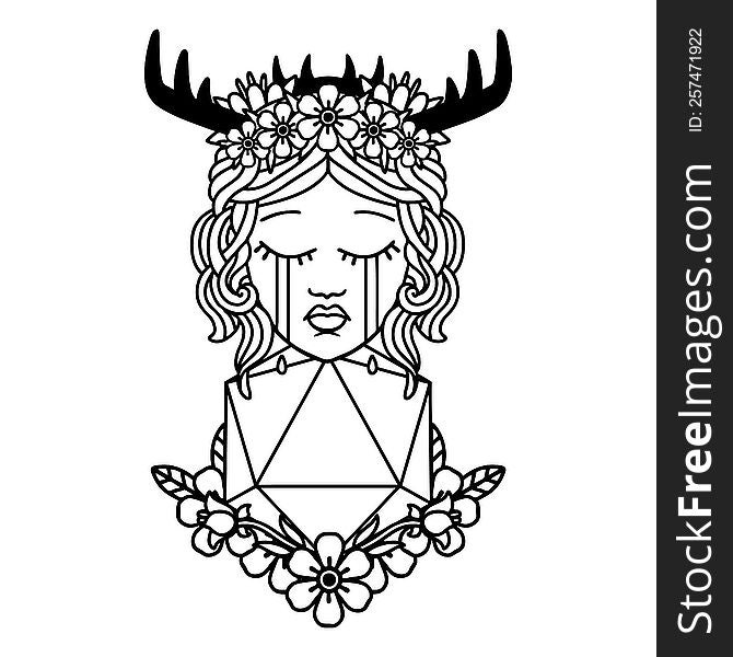 Black and White Tattoo linework Style crying human druid with natural one D20 roll. Black and White Tattoo linework Style crying human druid with natural one D20 roll