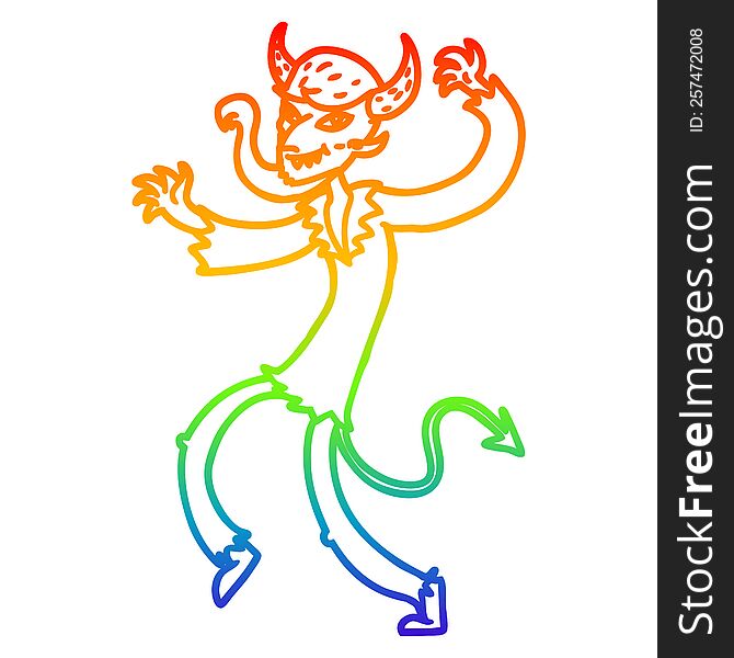 rainbow gradient line drawing of a cartoon dancing devil