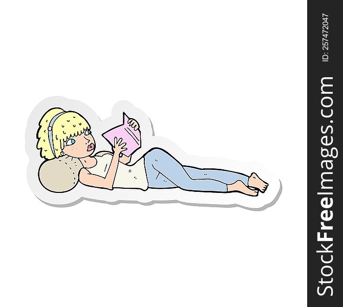 sticker of a cartoon pretty woman reading book
