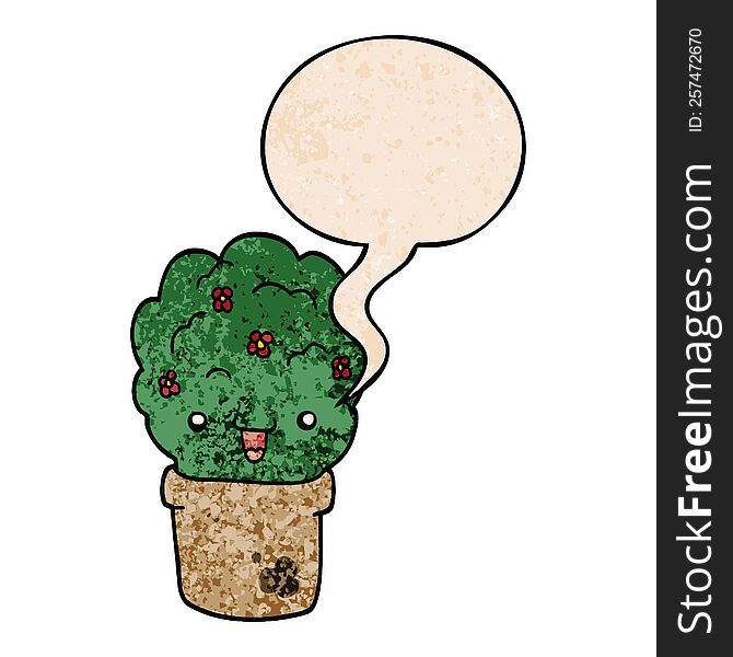 cartoon shrub in pot with speech bubble in retro texture style