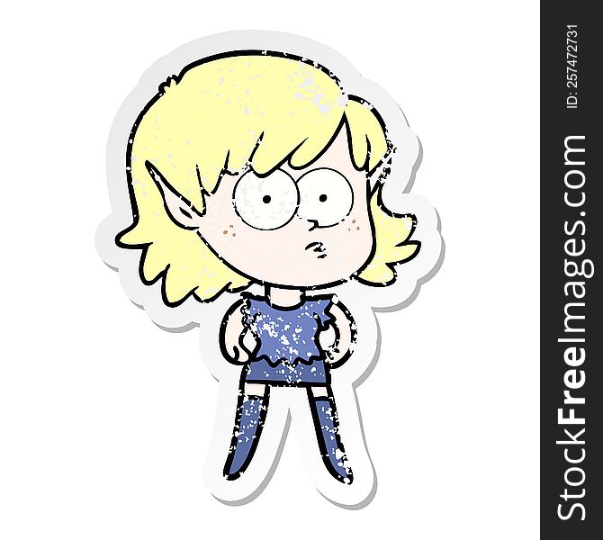 distressed sticker of a cartoon elf girl staring