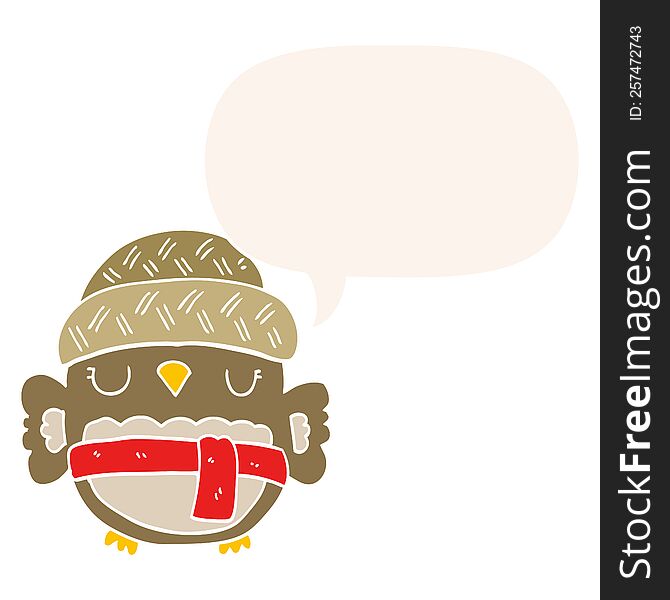 Cute Cartoon Owl In Hat And Speech Bubble In Retro Style