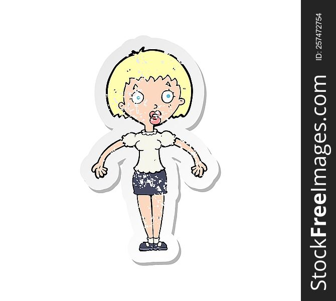 Retro Distressed Sticker Of A Cartoon Confused Woman Shrugging Shoulders