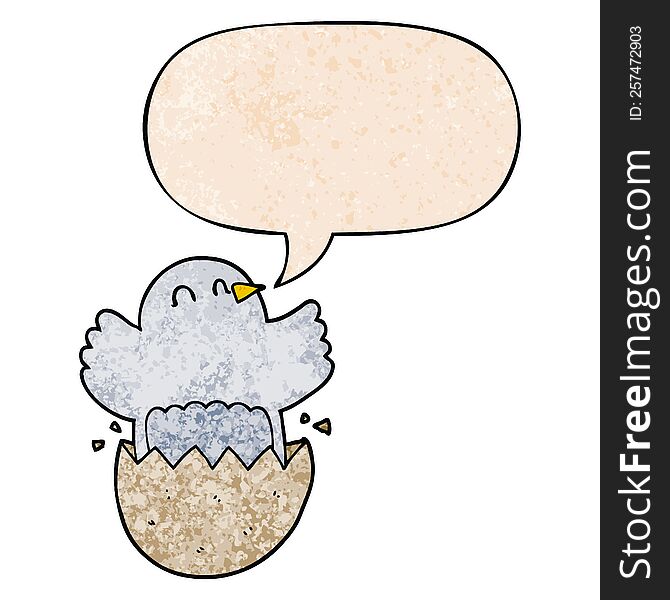 cartoon hatching chicken with speech bubble in retro texture style