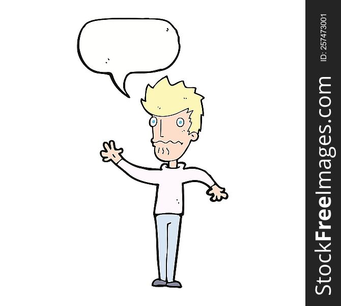 cartoon worried man reaching out with speech bubble