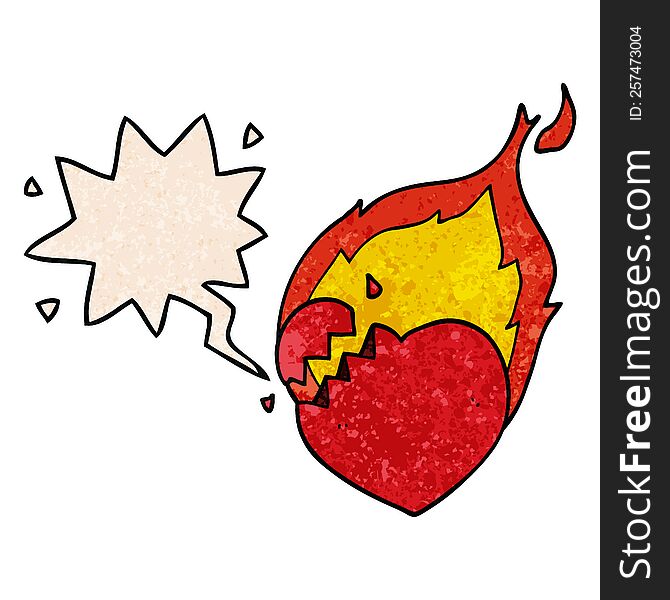 cartoon flaming heart and speech bubble in retro texture style