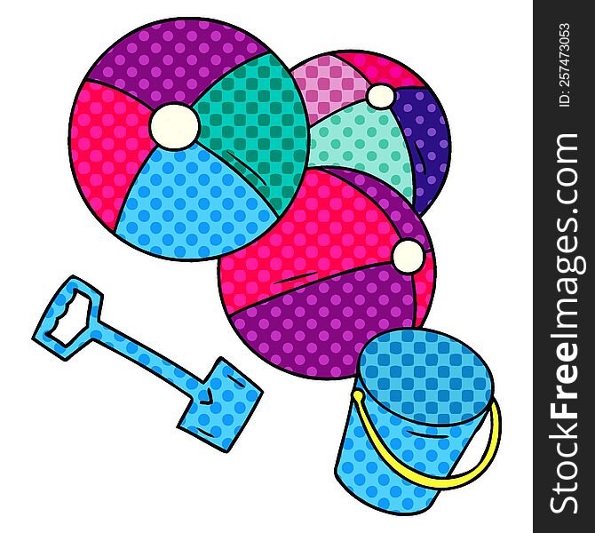 hand drawn cartoon doodle beach balls with a bucket and spade