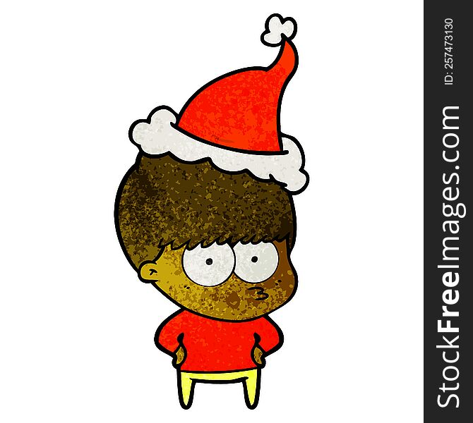 nervous hand drawn textured cartoon of a boy wearing santa hat. nervous hand drawn textured cartoon of a boy wearing santa hat