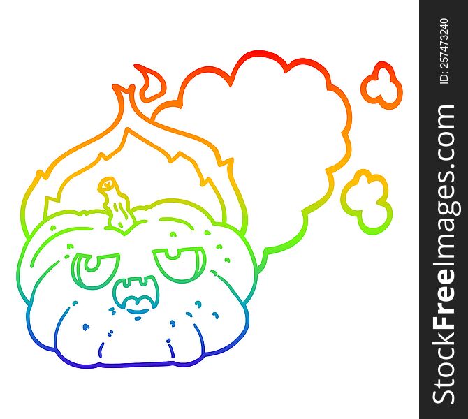 rainbow gradient line drawing of a cartoon flaming halloween pumpkin