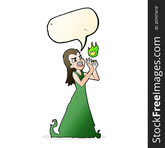 cartoon witch woman casting spell with speech bubble