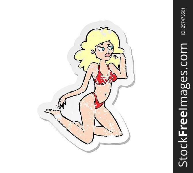 Retro Distressed Sticker Of A Cartoon Woman In Underwear Looking Thoughtful