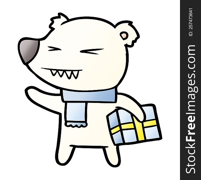 cartoon angry polar bear with xmas present. cartoon angry polar bear with xmas present