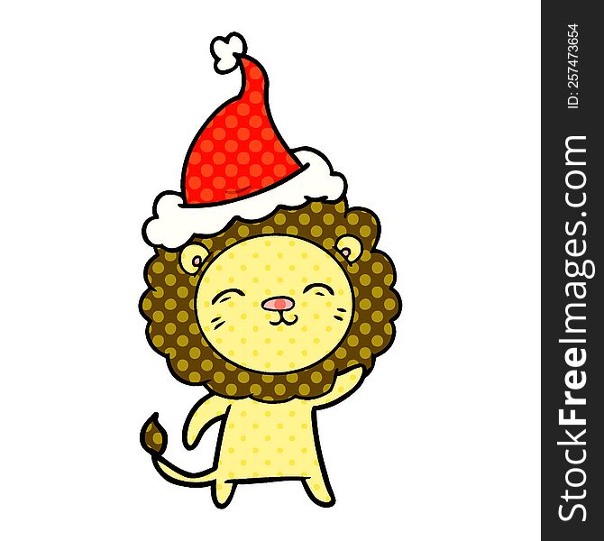 Comic Book Style Illustration Of A Lion Wearing Santa Hat