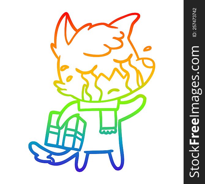 Rainbow Gradient Line Drawing Crying Christmas Fox Cartoon