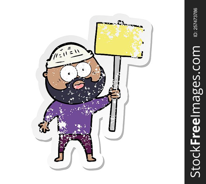 distressed sticker of a cartoon bearded man with signpost