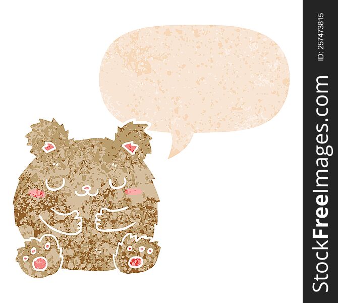 Cute Cartoon Bear And Speech Bubble In Retro Textured Style