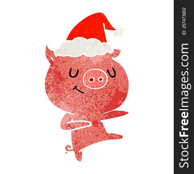 Happy Retro Cartoon Of A Pig Dancing Wearing Santa Hat