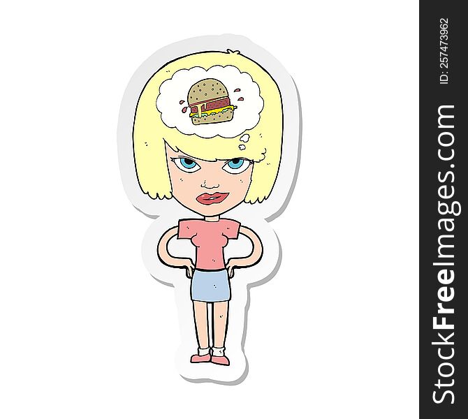 sticker of a cartoon woman thinking about junk food