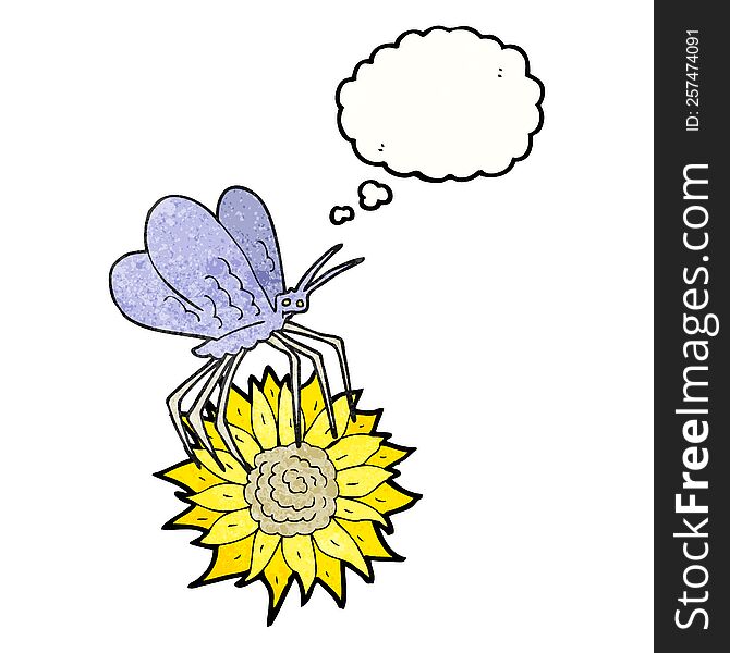 freehand drawn thought bubble textured cartoon butterfly on flower