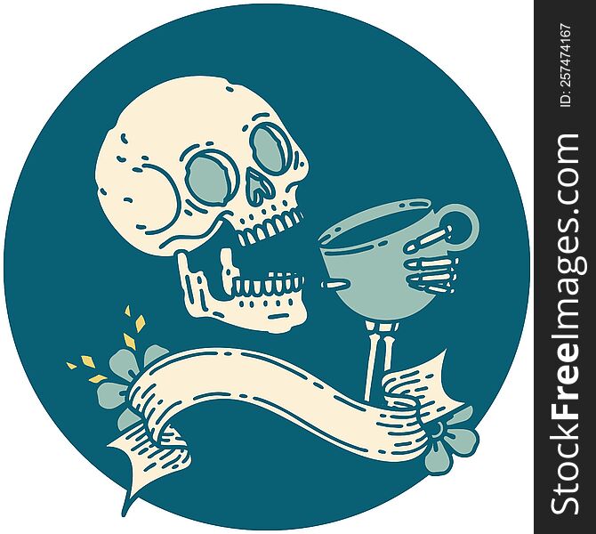 tattoo style icon with banner of a skull drinking coffee