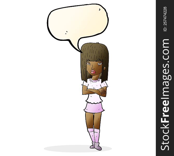 cartoon girl with crossed arms with speech bubble