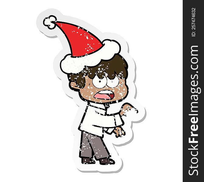 Worried Distressed Sticker Cartoon Of A Boy Wearing Santa Hat