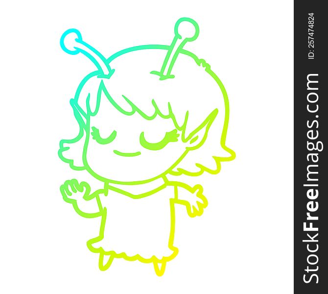 Cold Gradient Line Drawing Smiling Alien Girl Cartoon