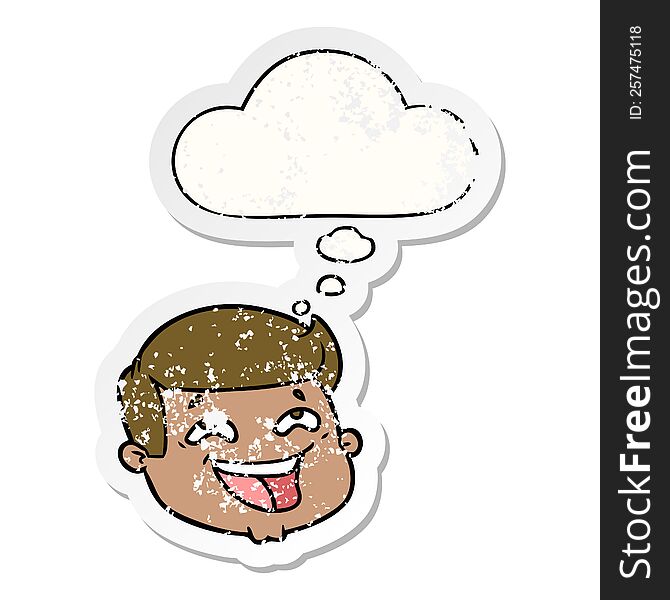happy cartoon male face with thought bubble as a distressed worn sticker
